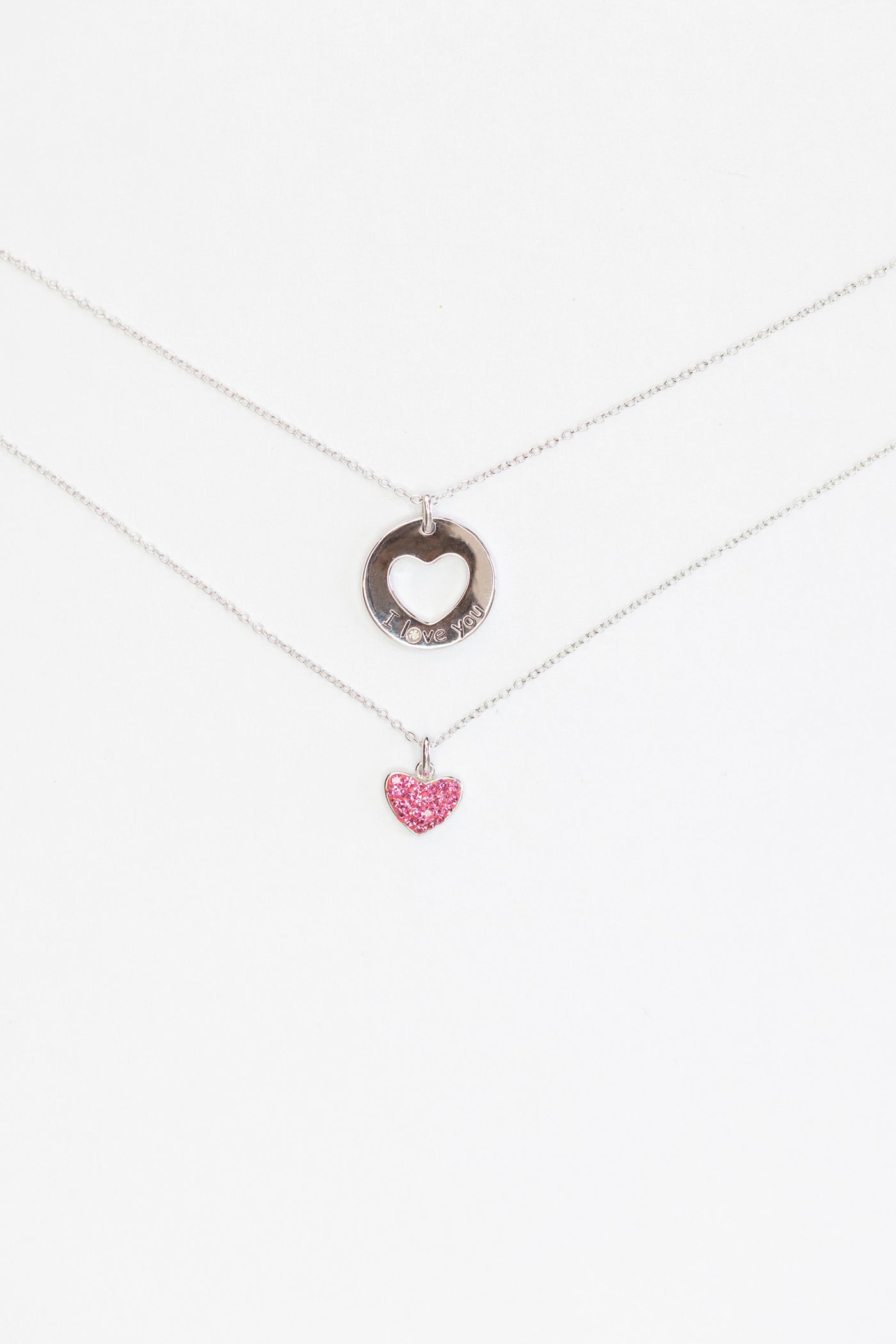 Mom and Daughter “I Love You” Rose Pink Heart Crystal Sterling Silver Necklace Set | Annie and Sisters