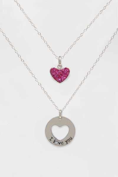 Mom and Daughter “I Love You” Rose Pink Heart Crystal Sterling Silver Necklace Set | Annie and Sisters