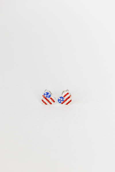 American Flag Heart Crystal Sterling Silver Earrings