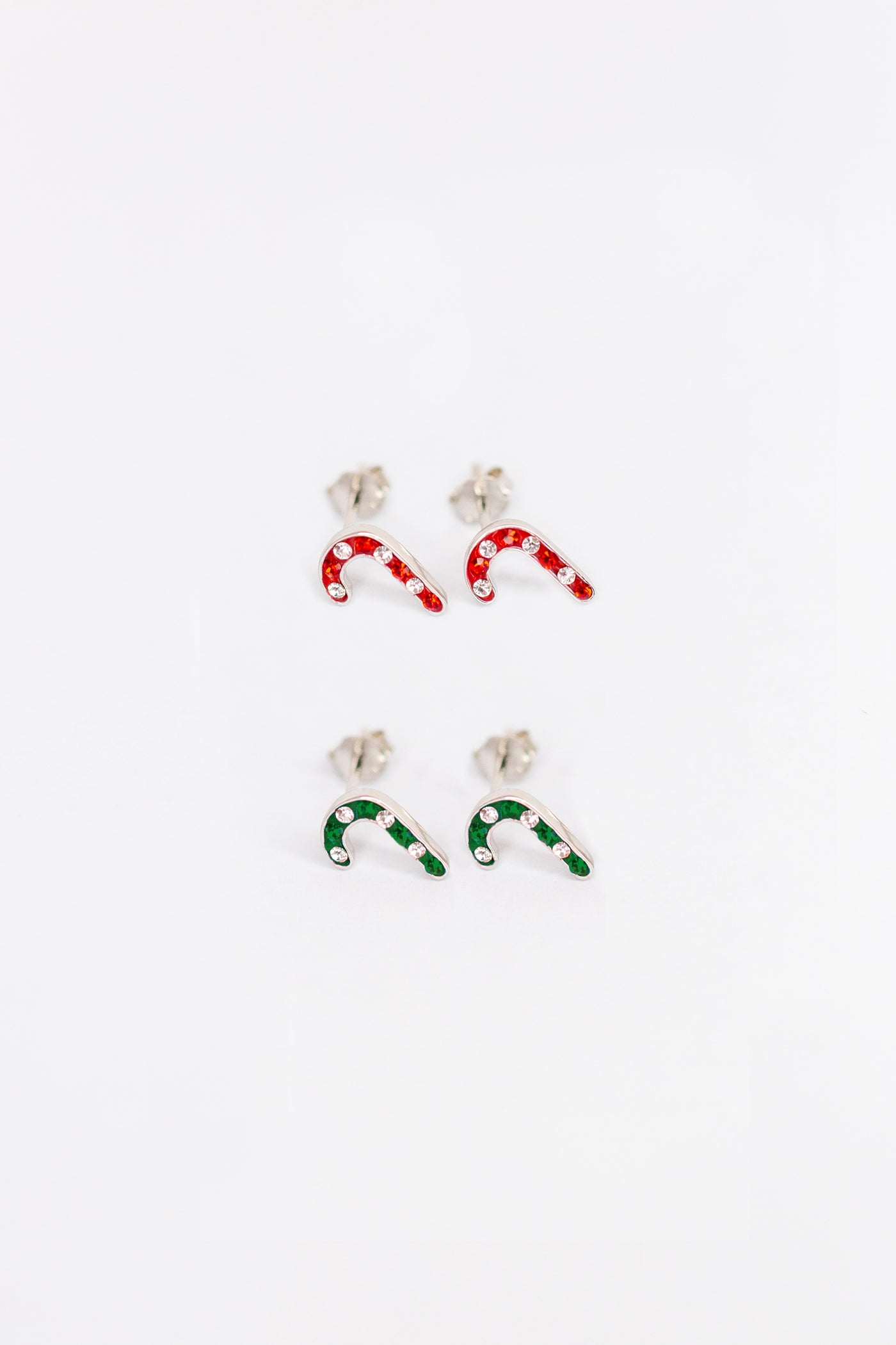 Red and Green Candy Cane Crystal Sterling Silver Two Set Stud Earrings Set