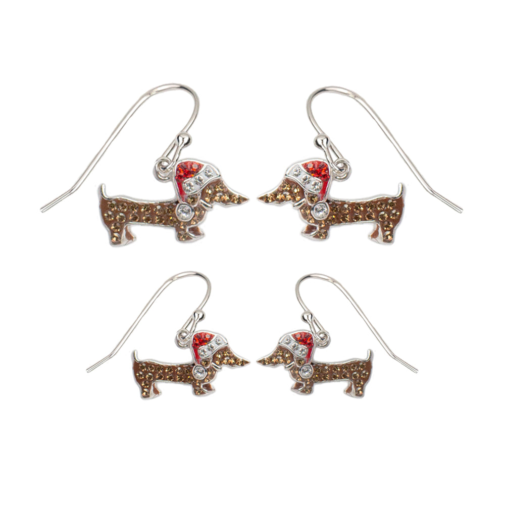Dangling Holiday Mommy and Me Dachshund Dog Crystal Sterling Silver Earrings Set