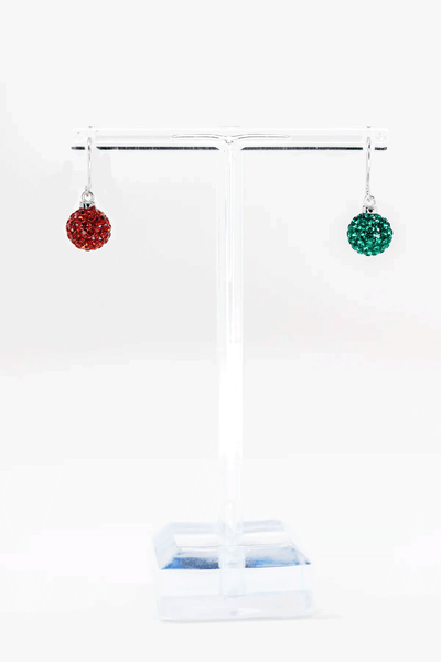 Red and Green Ornament Mismatched Drop Crystal Sterling Silver Earrings