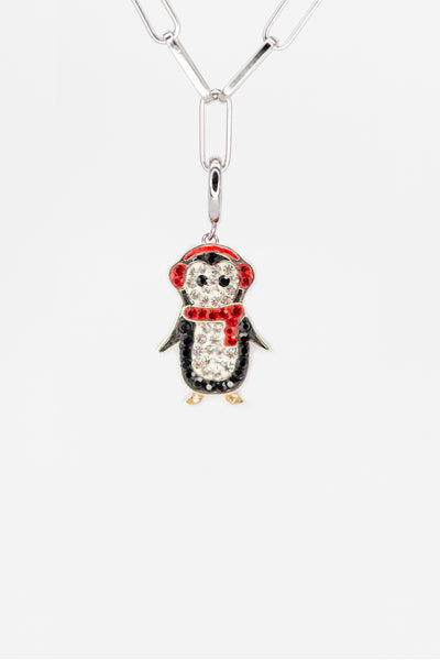 Holiday Penguin Crystal Sterling Silver Charm With Paperclip Bracelet (RED)