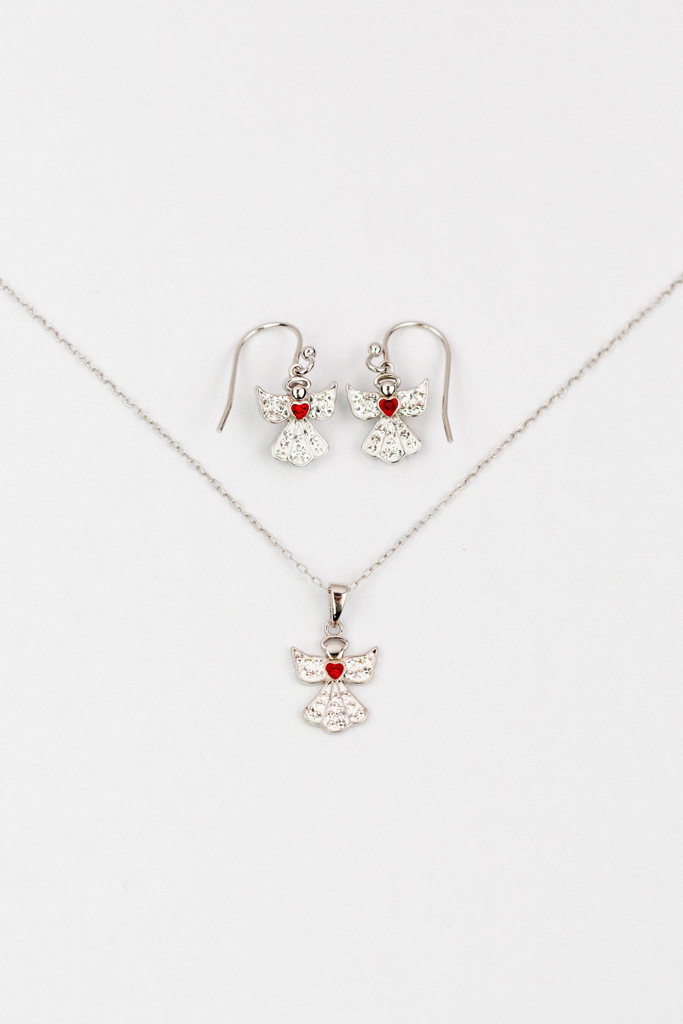 Clear Crystal Angel With Red Heart Silver Earrings and Necklace Matching Set