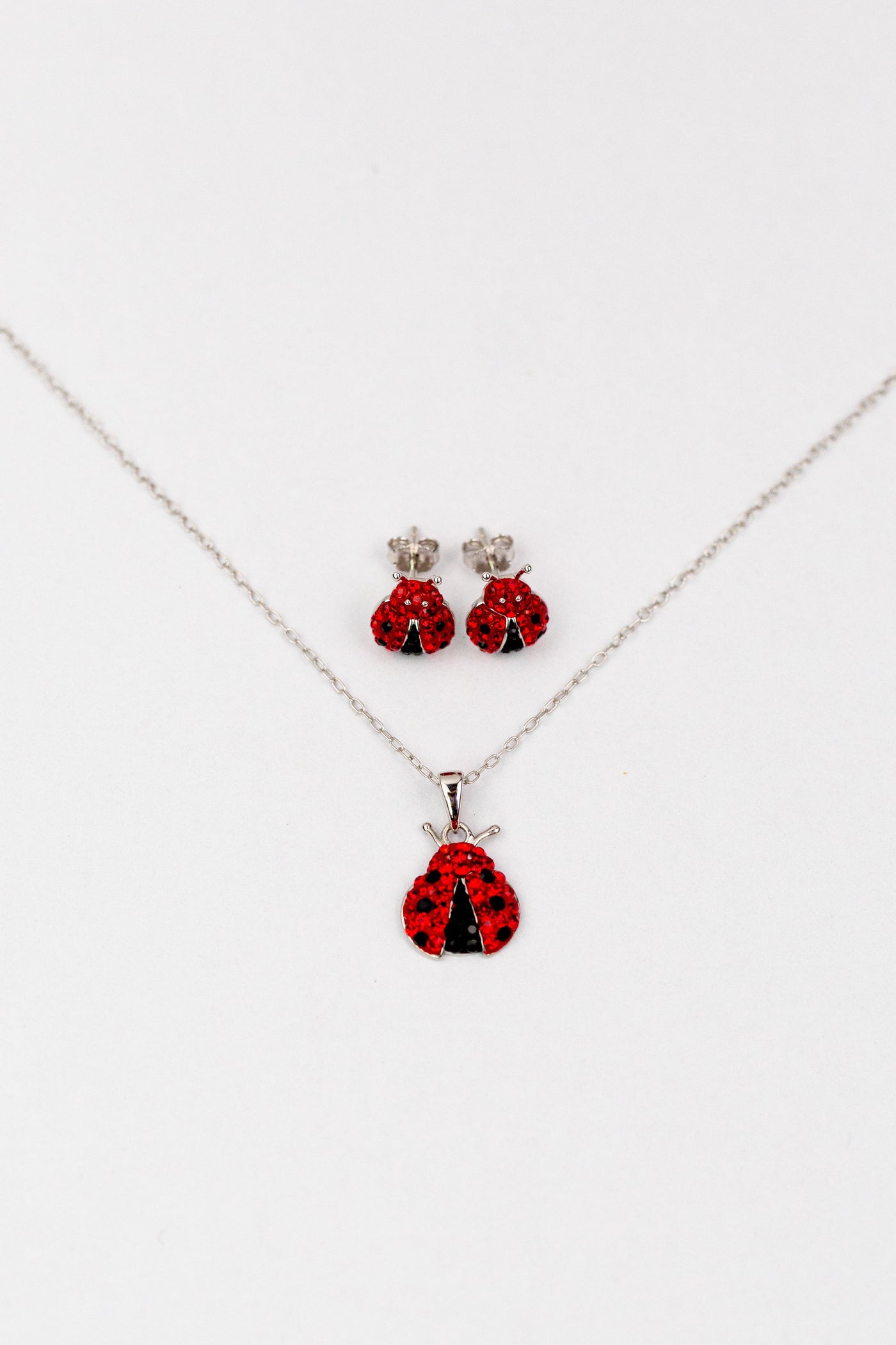 Ladybug Pave Crystal Silver Stud Earrings/Necklace Set | Annie and Sisters