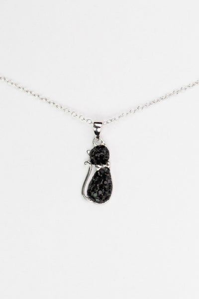 Black Cat Necklace Crystal Cat Silver Pendant Necklace in Jet Black Crystal | Annie and Sisters