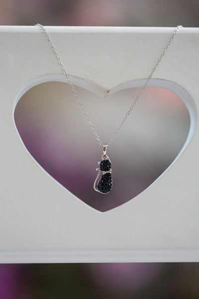 Crystal Cat Silver Pendant Necklace in Jet Black Crystal | Annie and Sisters