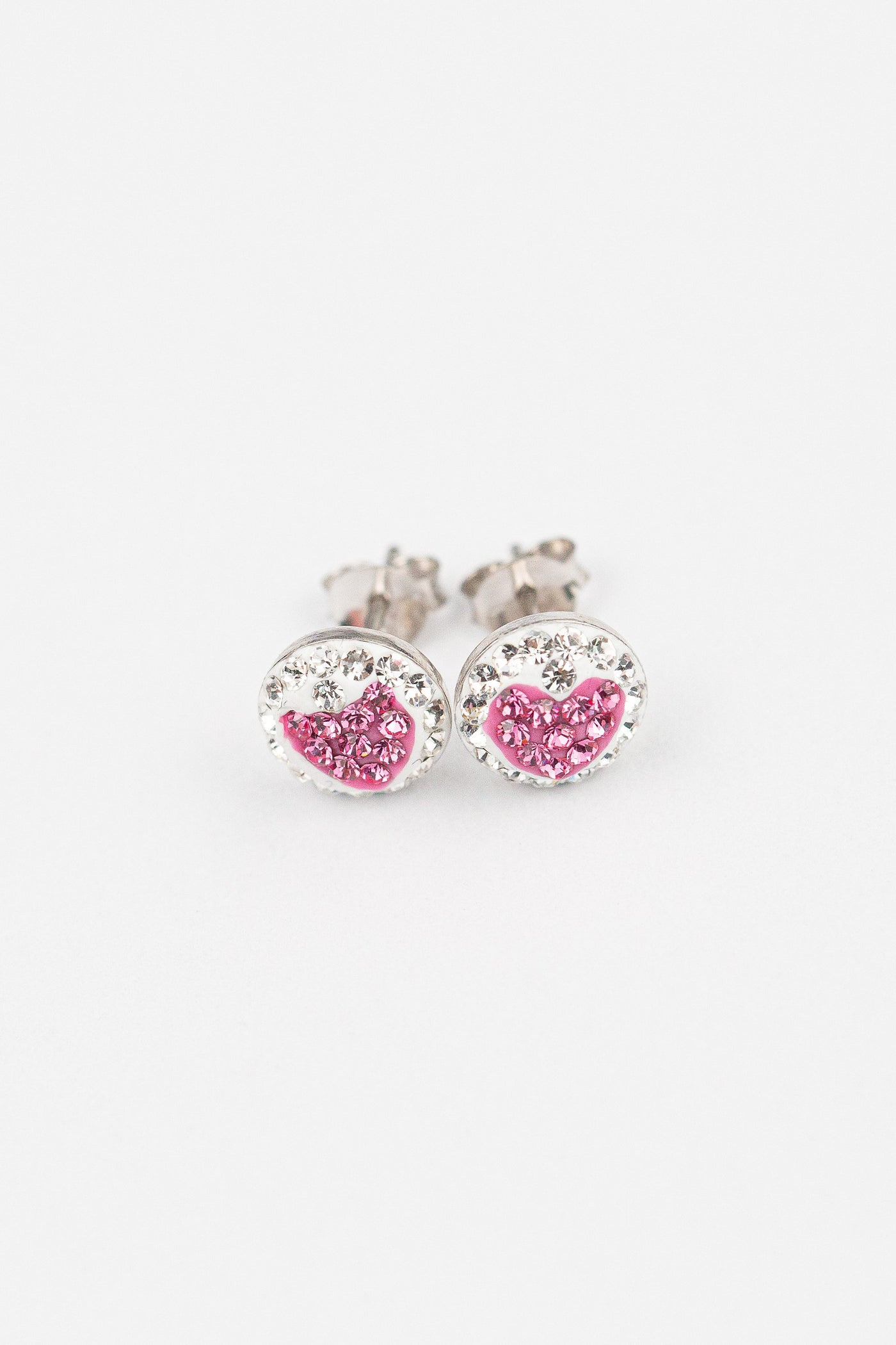 8mm Round Crystal Heart Stud Silver Earrings in Pink | Annie and Sisters | sister stud earrings, for kids, children's jewelry, kid's jewelry, best friend