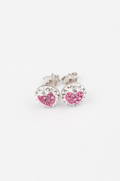 8mm Round Crystal Heart Stud Silver Earrings in Pink | Annie and Sisters | sister stud earrings, for kids, children's jewelry, kid's jewelry, best friend