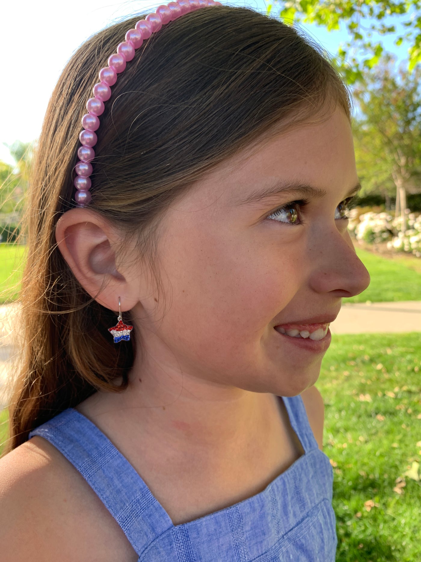 Red White and Blue Stripe Star Crystal Sterling Silver Dangling Earrings | Annie and Sisters
