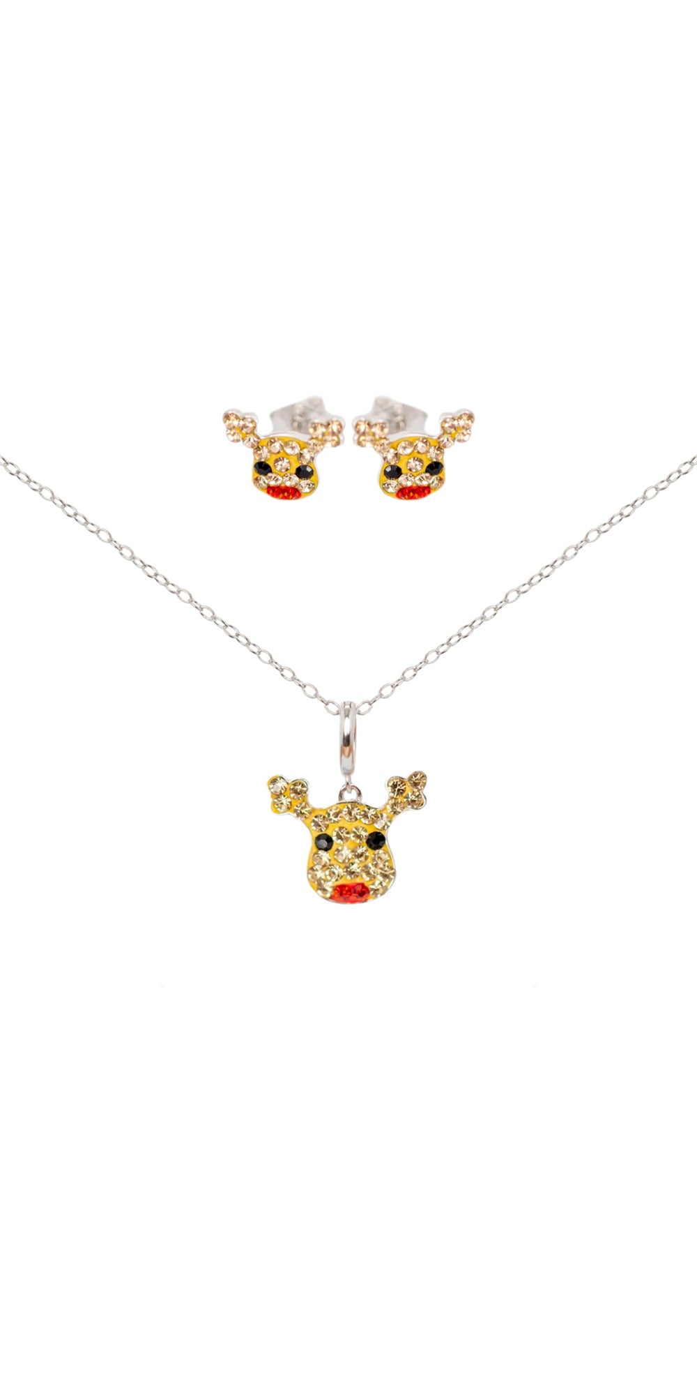 Reindeer Crystal Sterling Silver Earring and Charm Necklace Set