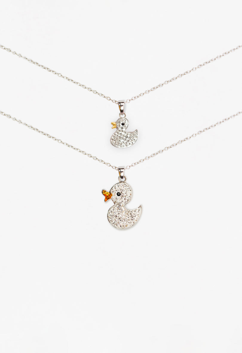 Mom and Daughter Matching Duckie Crystal Sterling Silver Necklace Set
