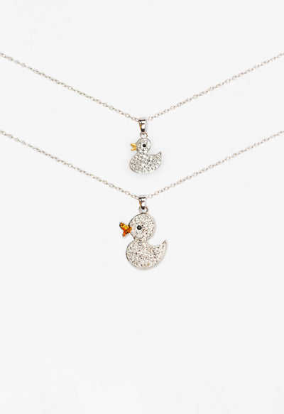 Mom and Daughter Matching Duckie Crystal Sterling Silver Necklace Set