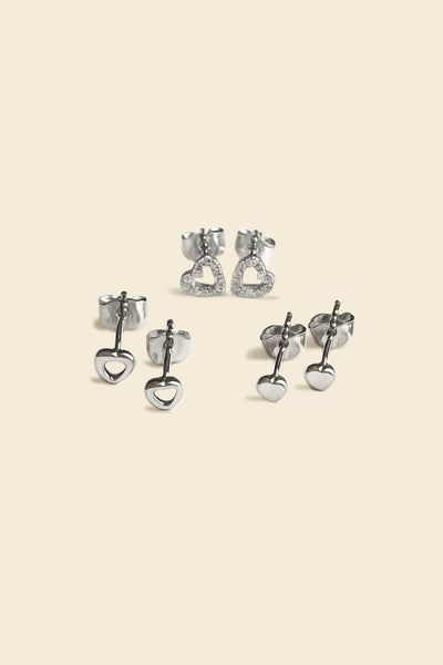 Triple Heart CZ Earring Set – Sterling Silver Everyday Hearts Studs Set