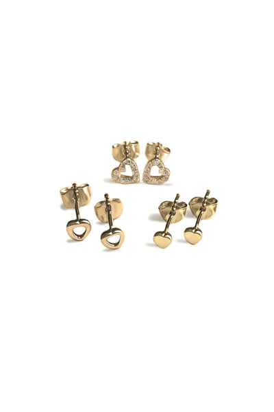 Triple Heart CZ Sterling Silver Earring Set – Gold Plated Everyday Hearts Studs