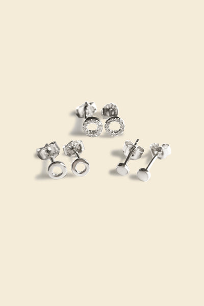 Three Circle Minimalist Geometric Sterling Silver Studs Earring Set 