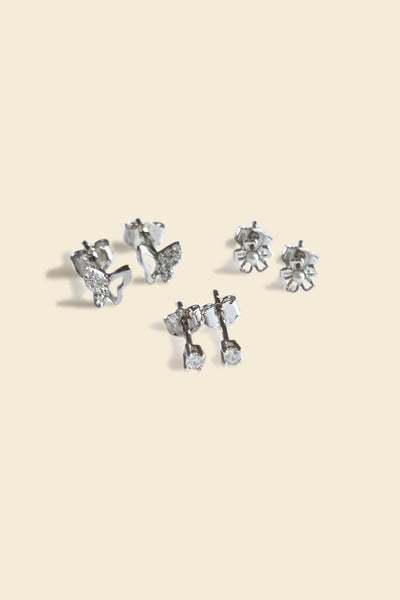 Three Nature-Inspired Sterling Silver Stud Earring Set – Butterfly, Flower & Crystal Designs