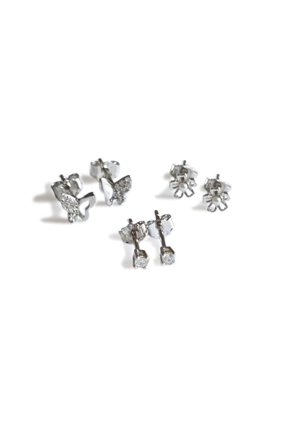 Three Nature-Inspired Sterling Silver Stud Earring Set – Butterfly, Flower & Crystal Designs