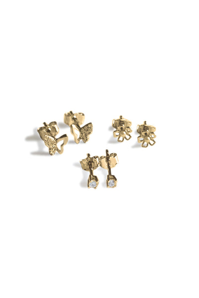 Three Nature-Inspired Stud Sterling Silver Earring Set – Gold Plated Butterfly, Flower & Crystal Designs
