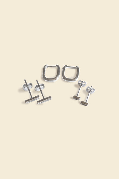 Modern Bars & Hoop Earring Set – Sterling Silver Minimalist Studs and Huggies