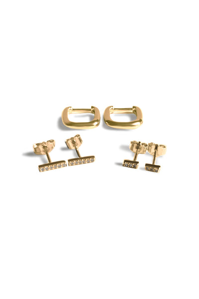Modern Bars & Hoop Sterling Silver Earring Set – Gold Plated Minimalist Bar & Mini Hoop Earrings