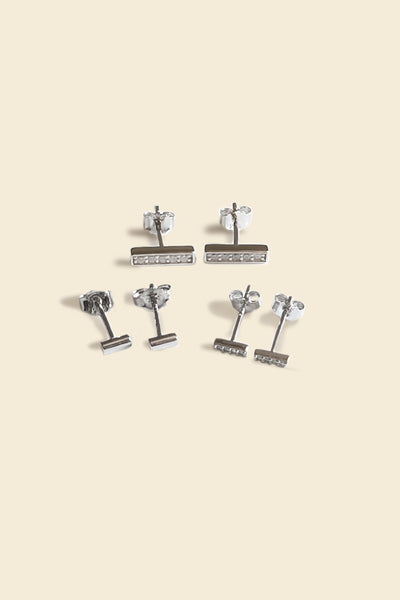 Three Bar Stud Earrings Set – Sterling Silver Minimalist and Crystal Pave Styles