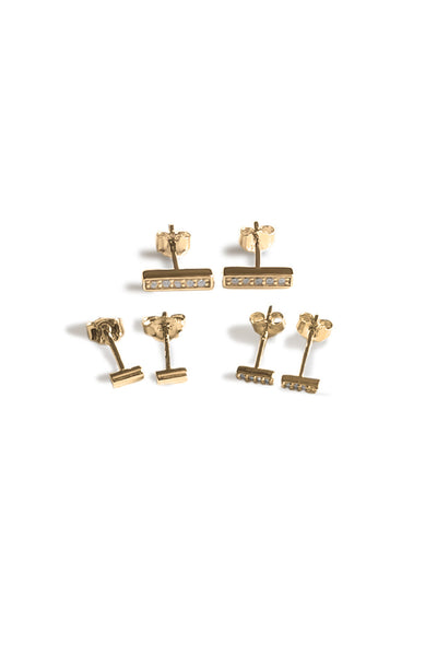 Three Bar Stud Sterling Silver Earrings Set – Gold Plated Minimalist and Crystal Pave Styles