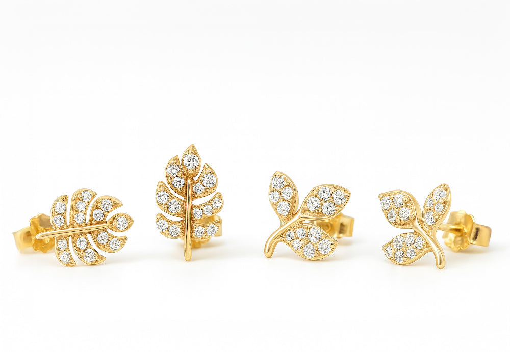 Leaf Stud Earrings Set –  Gold Finish