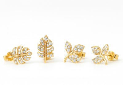 Leaf Stud Earrings Set –  Gold Finish