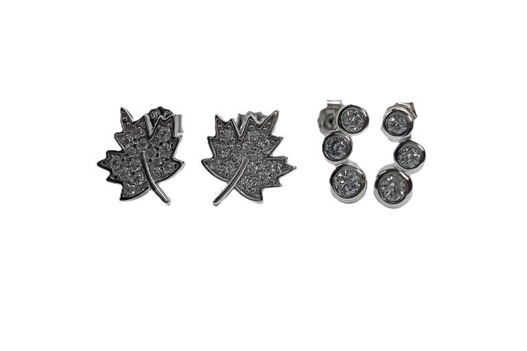 Maple Leaf & Bubble  Stud Earrings Set –  Silver Shine