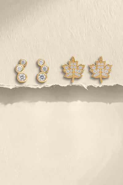 Maple Leaf & Bubble  Stud Earrings Set –  Gold Finish