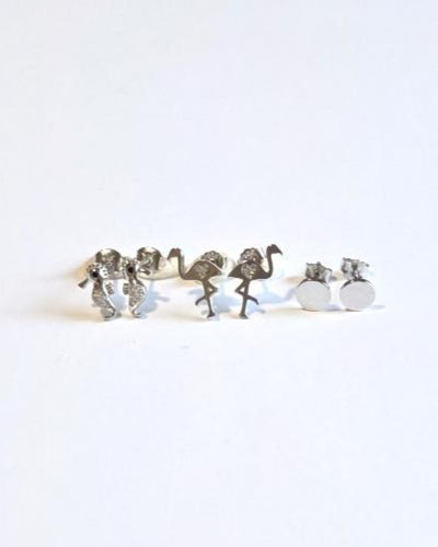 Seahorse, Flamingo & Disc Stud Earrings Set – Silver Shine