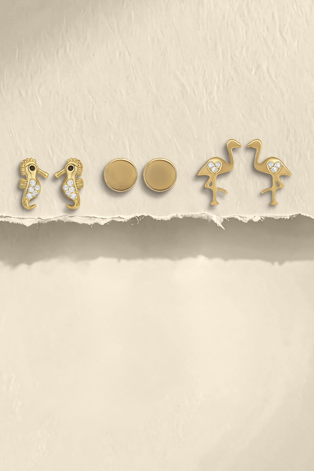 Seahorse, Flamingo & Disc Stud Earrings Set – Gold Finish