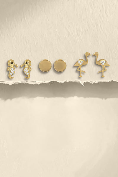 Seahorse, Flamingo & Disc Stud Earrings Set – Gold Finish