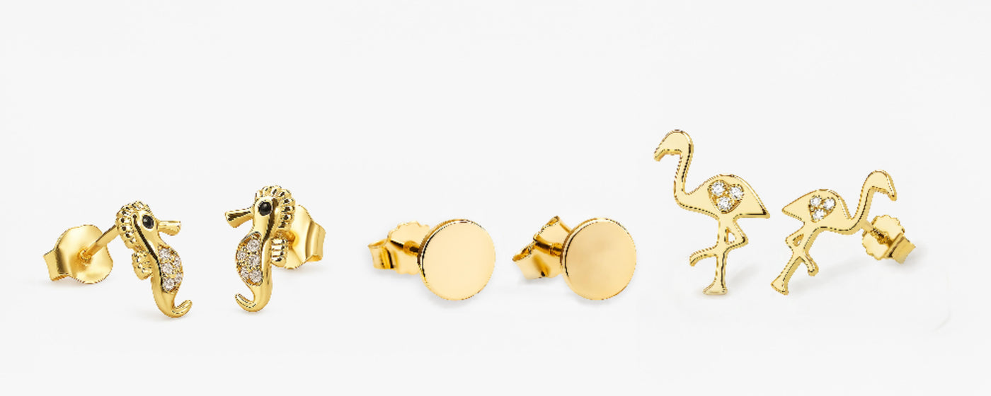 Seahorse, Flamingo & Disc Stud Earrings Set – Gold Finish