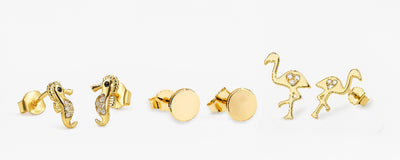 Seahorse, Flamingo & Disc Stud Earrings Set – Gold Finish