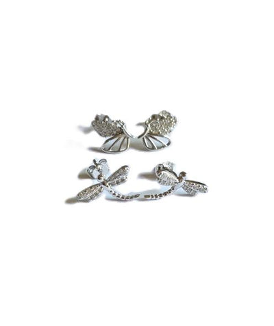 Dragonfly & Butterfly Stud Earrings Set-Silver Shine