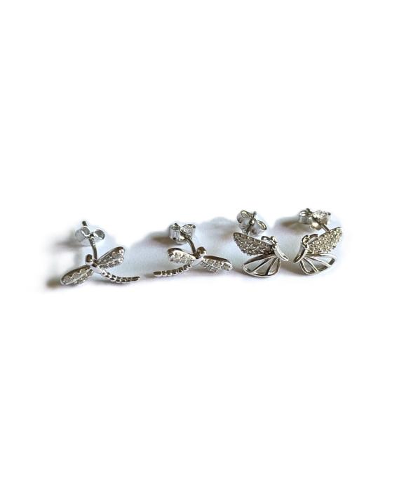 Dragonfly & Butterfly Stud Earrings Set-Silver Shine