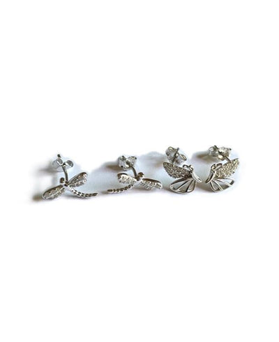 Dragonfly & Butterfly Stud Earrings Set-Silver Shine