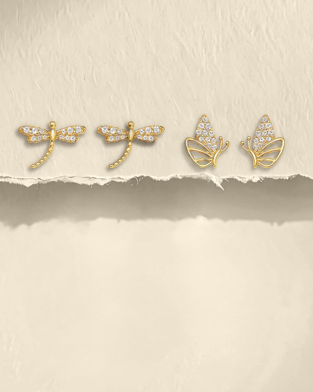 Dragonfly & Butterfly Stud Earrings Set-Gold Finish