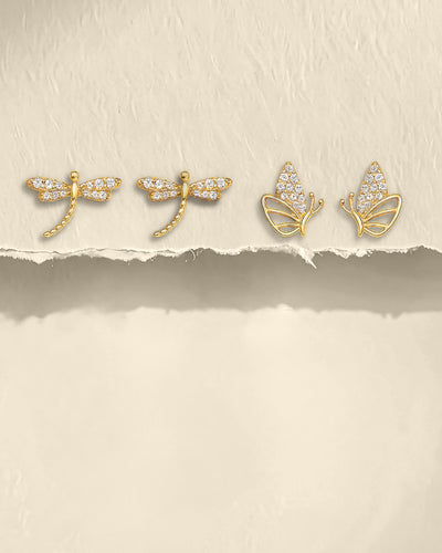 Dragonfly & Butterfly Stud Earrings Set-Gold Finish