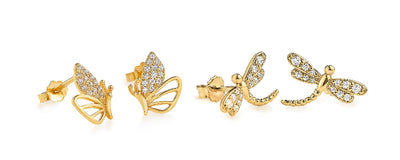 Dragonfly & Butterfly Stud Earrings Set-Gold Finish