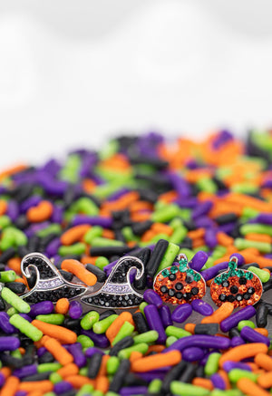 pumpkin earrings, witch hat, halloween candies, halloween accessories