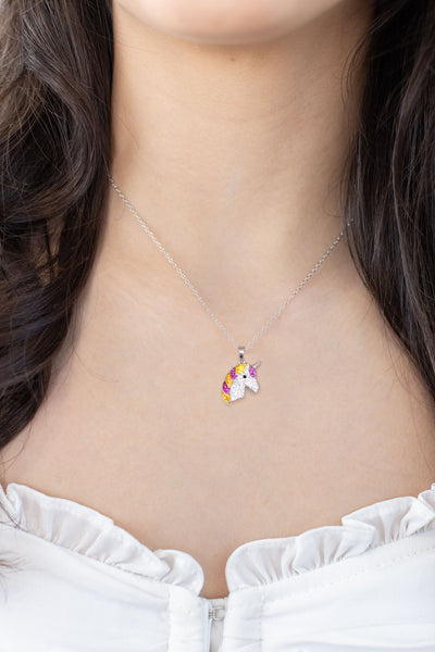 Fuchsia and Yellow Unicorn Crystal Sterling Silver Necklace