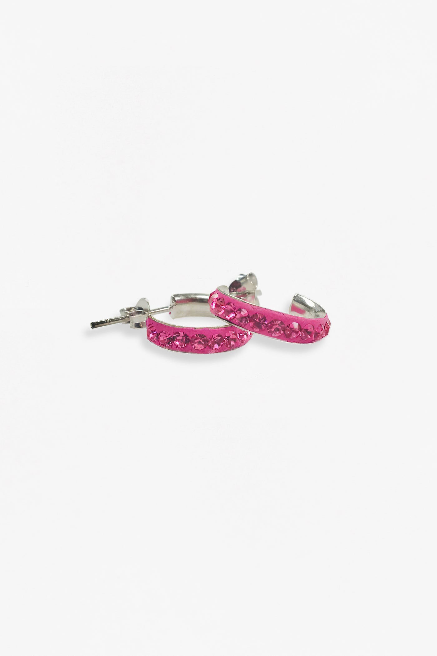 1/2" Swarovski Crystal Hoop Huggie Silver Earrings in Pink | Annie and Sisters