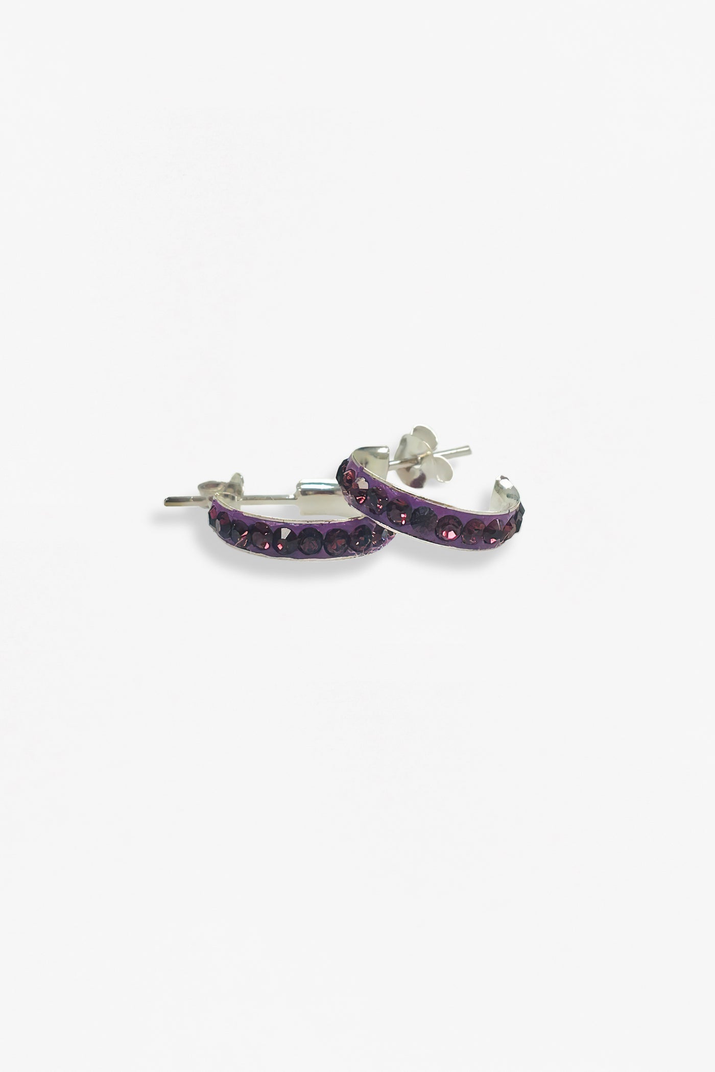 1/2" Swarovski Crystal Hoop Huggie Silver Earrings in Amethyst | Annie and Sisters