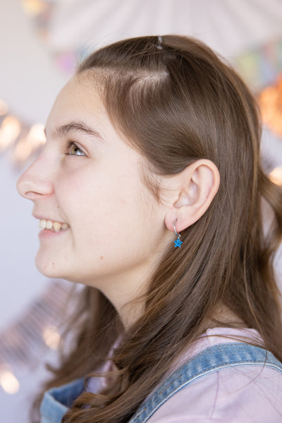 Silver Huggie Earrings with Crystal Star Charm in Capri Blue | Annie and Sisters