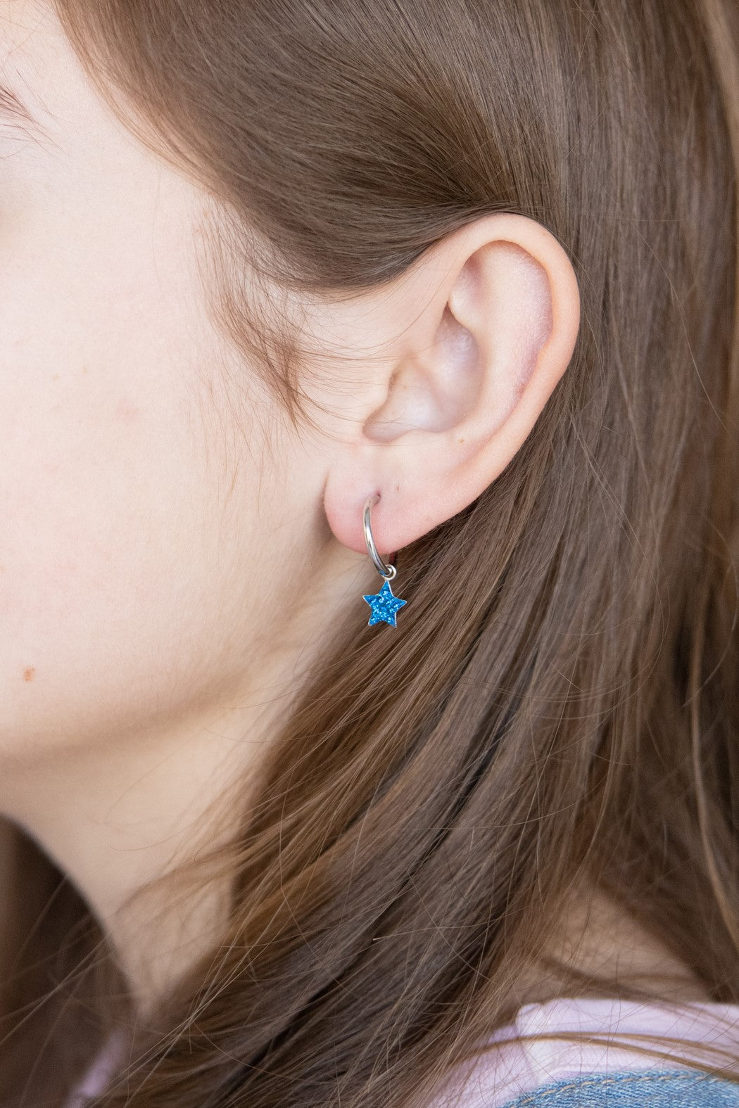 Silver Huggie Earrings with Crystal Star Charm in Capri Blue | Annie and Sisters