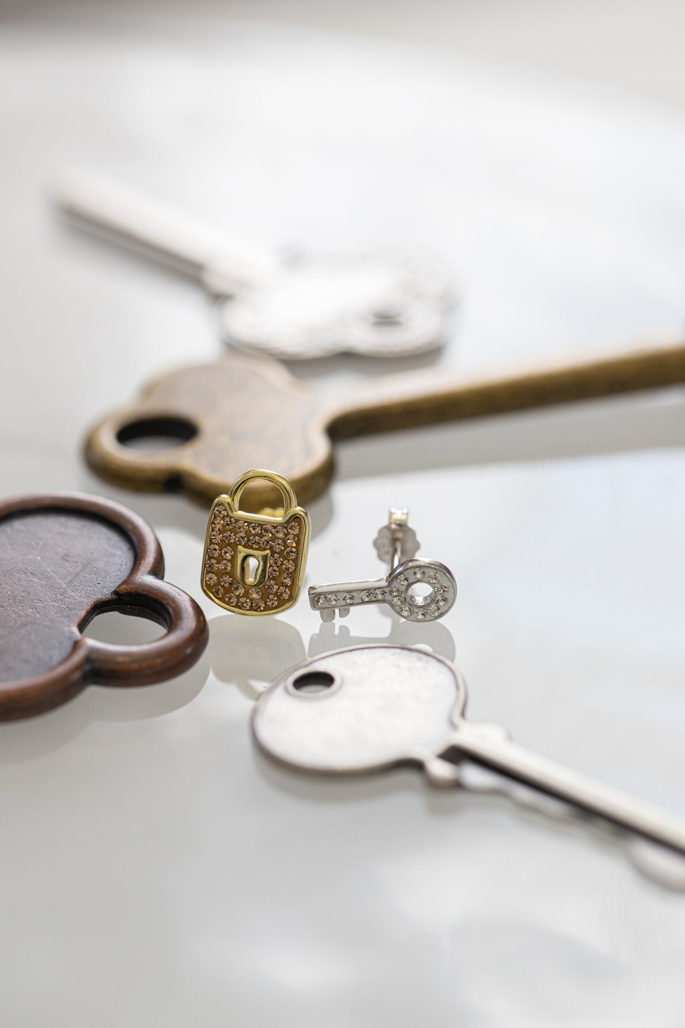 Lock And Key Crystal Silver Stud Earrings | Annie and Sisters