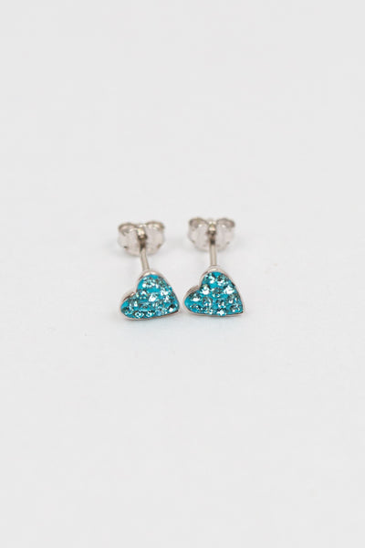Teeny Tiny Heart Crystal Silver Stud Earrings in Aquamarine | Annie and Sisters 